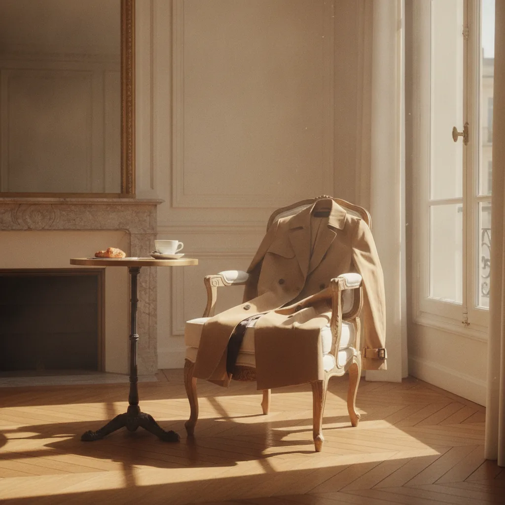 Camel trench coat draped over a chair in a sunlit room