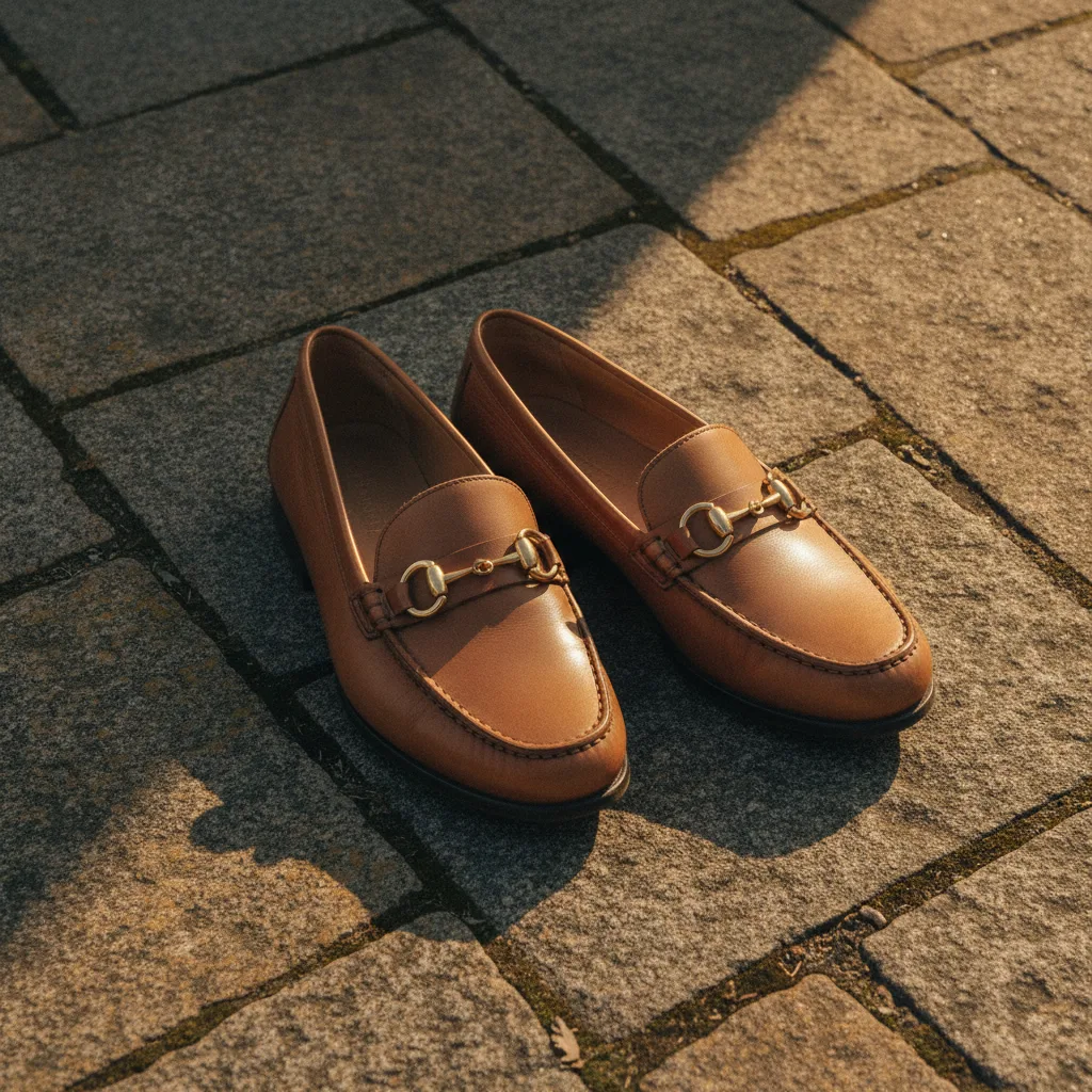 Close-up of tan leather loafers on a stone floor