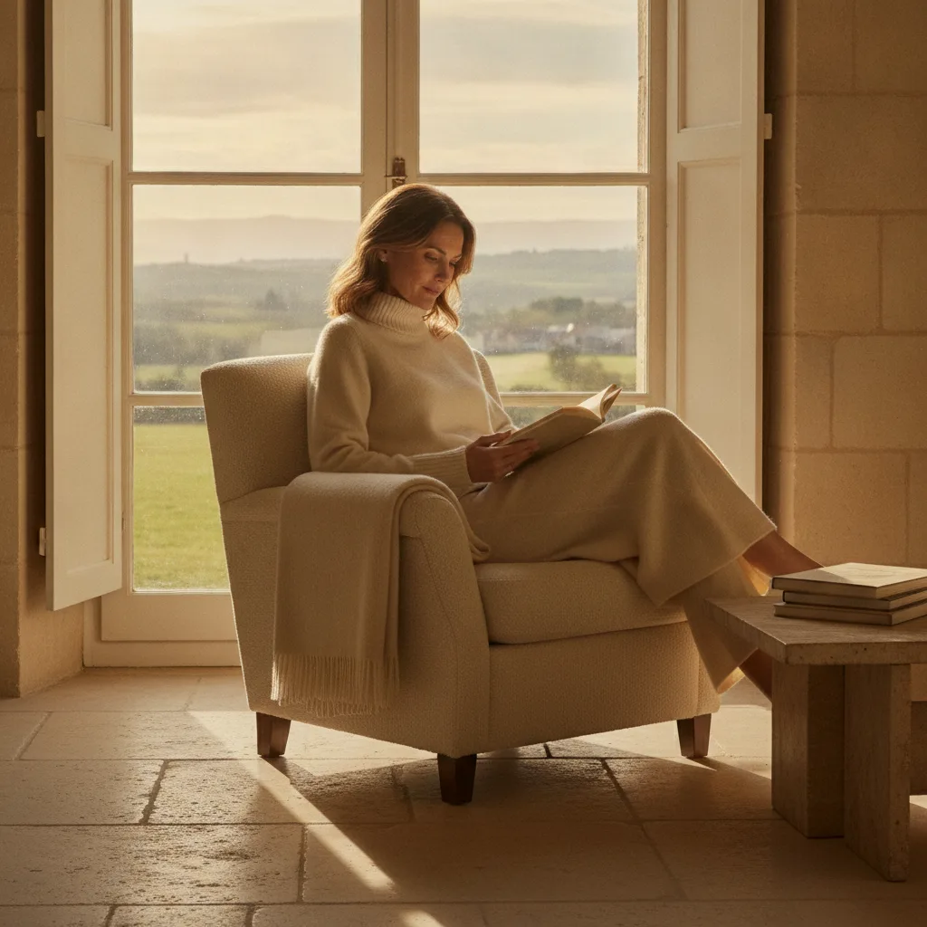Woman in a cream cashmere roll-neck reading by a window
