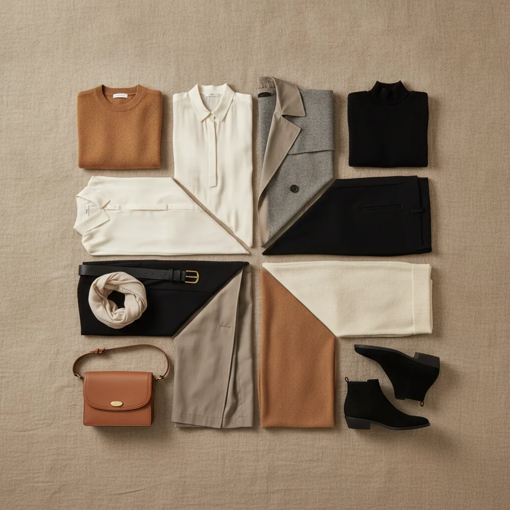 Flat lay of a capsule wardrobe — camel, ivory, stone, black
