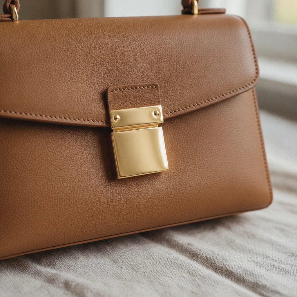 Detail of a gold-clasp structured handbag against linen
