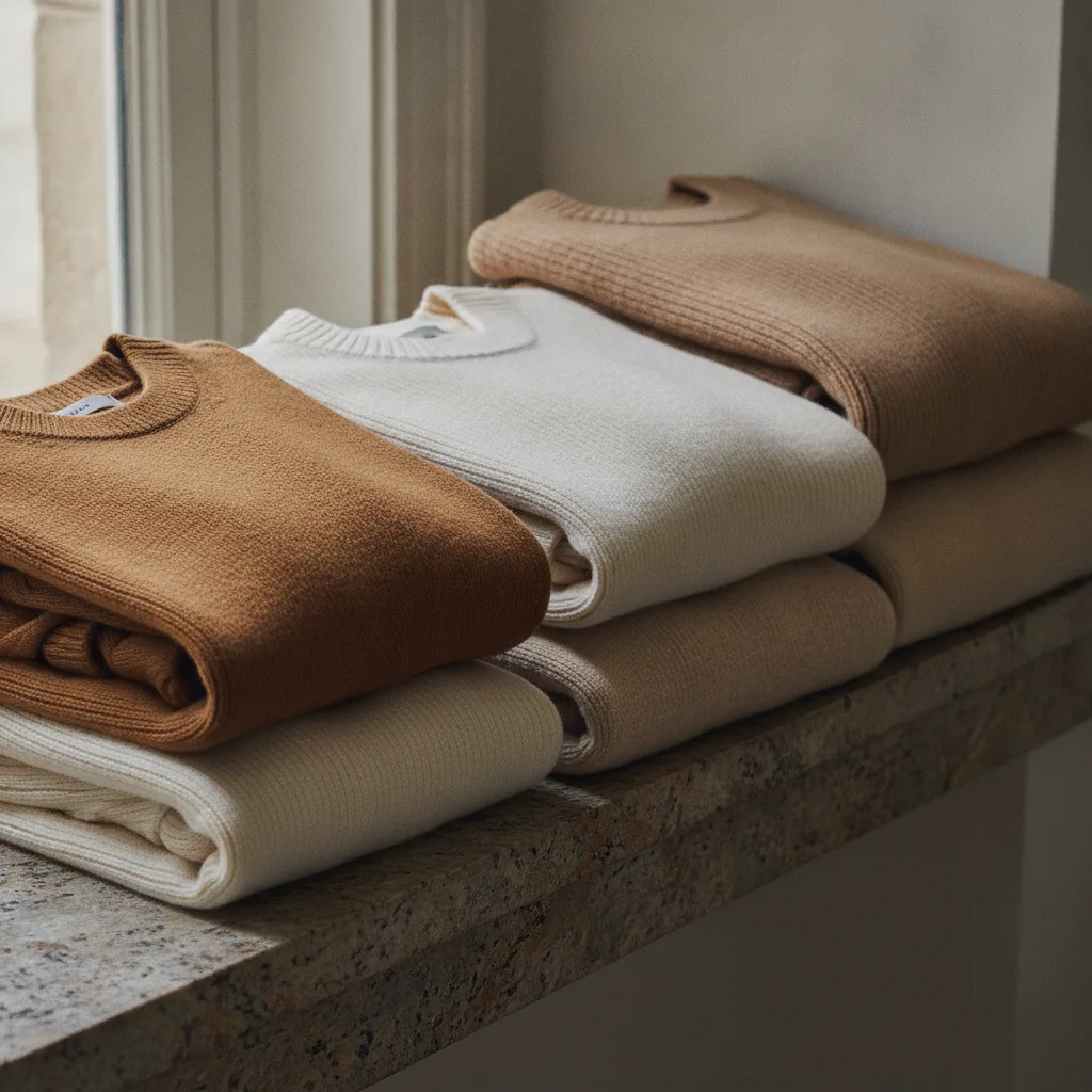 Stacked folded sweaters in warm earth tones