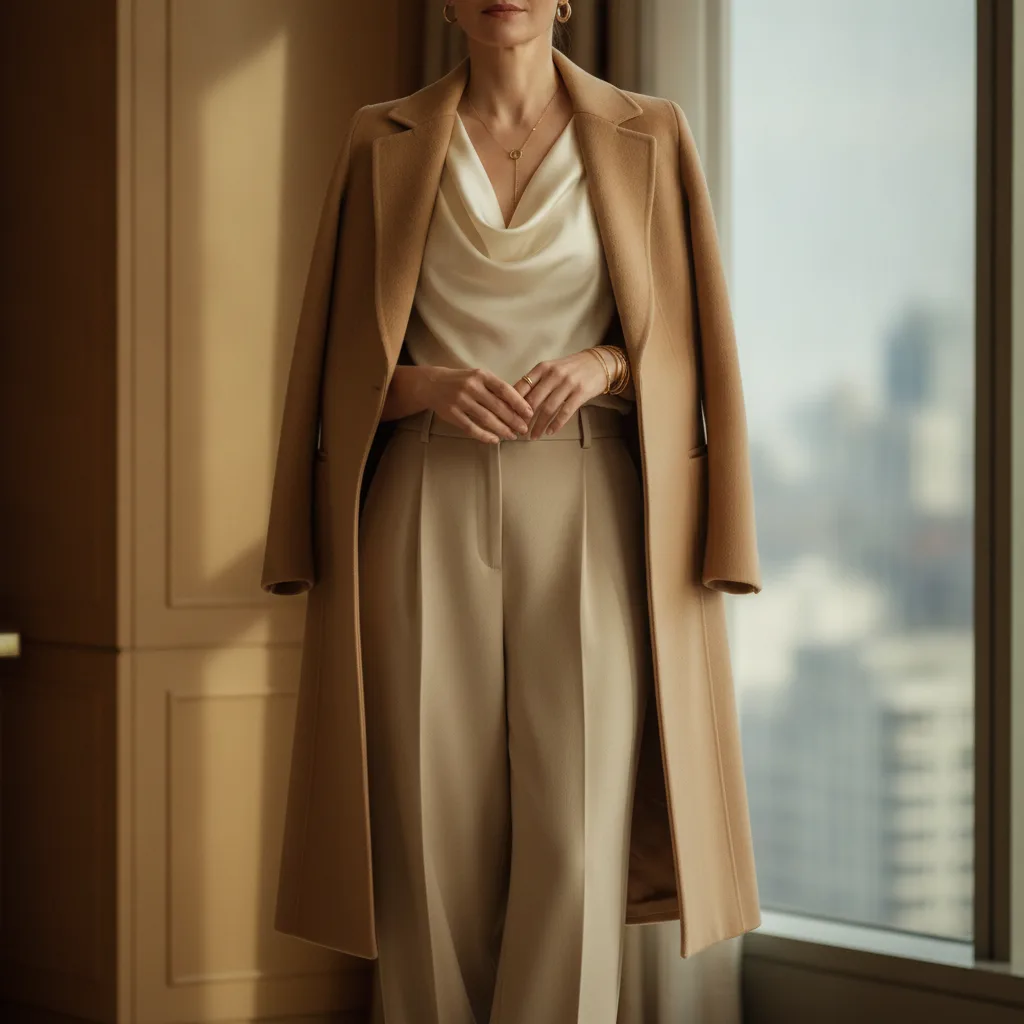 Elegantly dressed woman in neutral tones