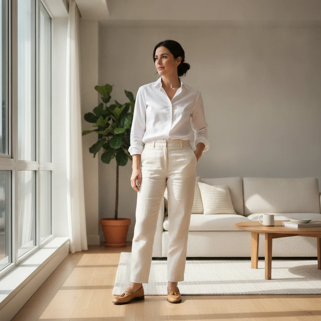 Morning routine: tailored trousers, white shirt, loafers
